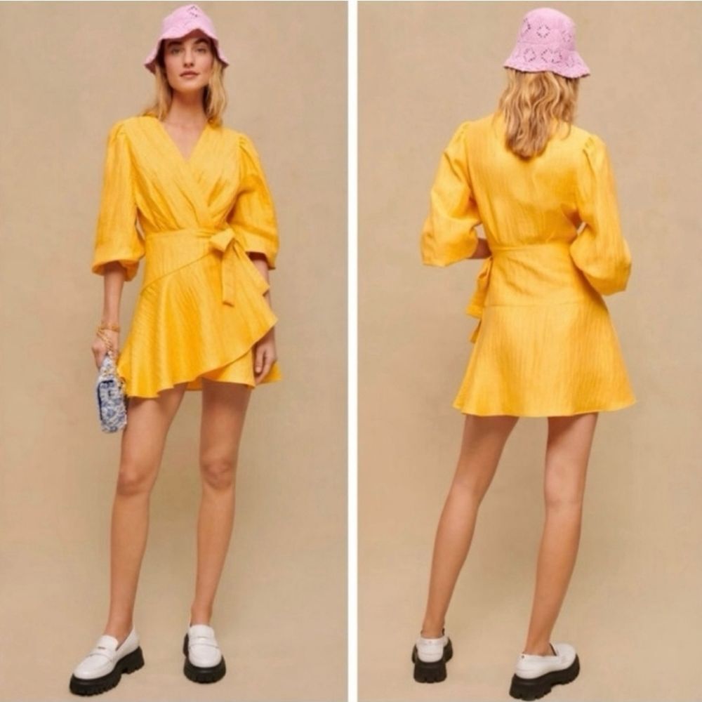 Maje Rifilo Yellow Linen Wrap Dress Size 42 Or 8 - Picture 2 of 16